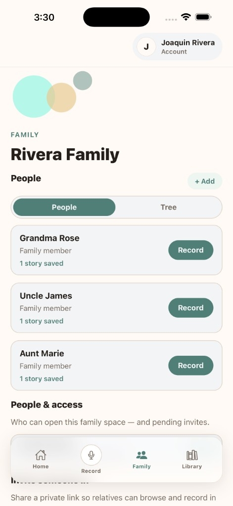 Corrido family space with people, access, and invites