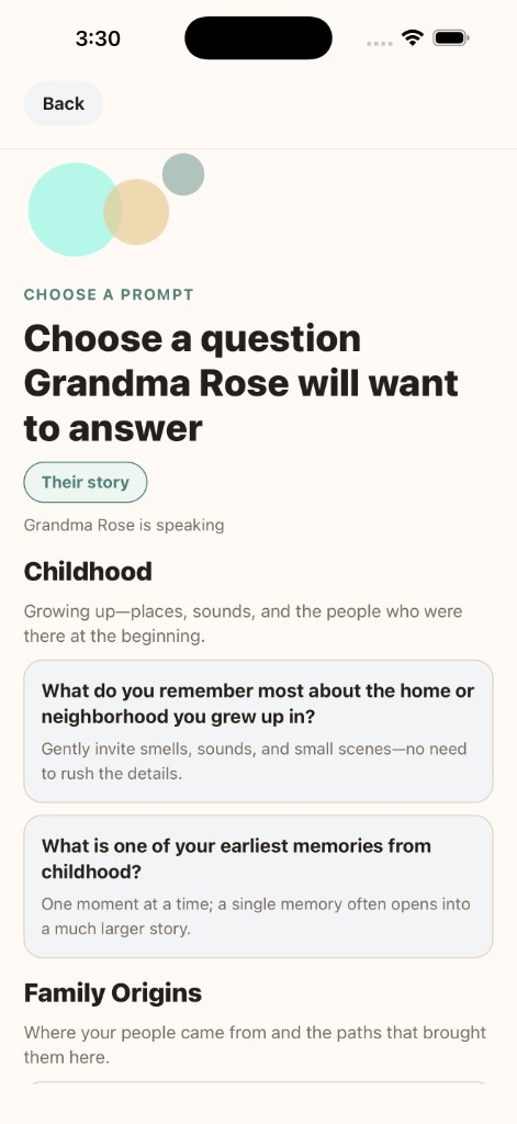 Corrido prompt selection with guided storytelling questions