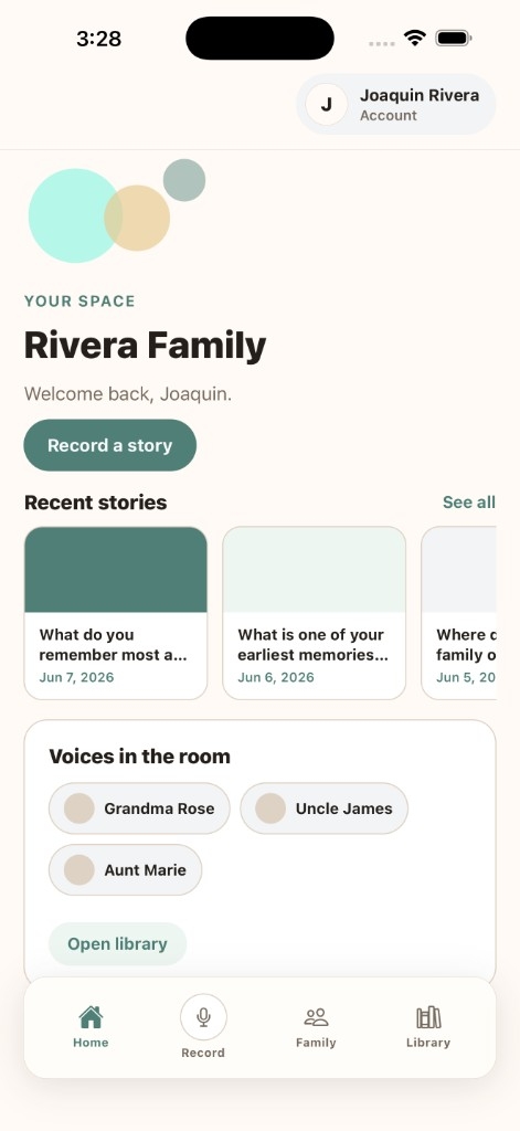 Corrido home screen with recent stories and family voices